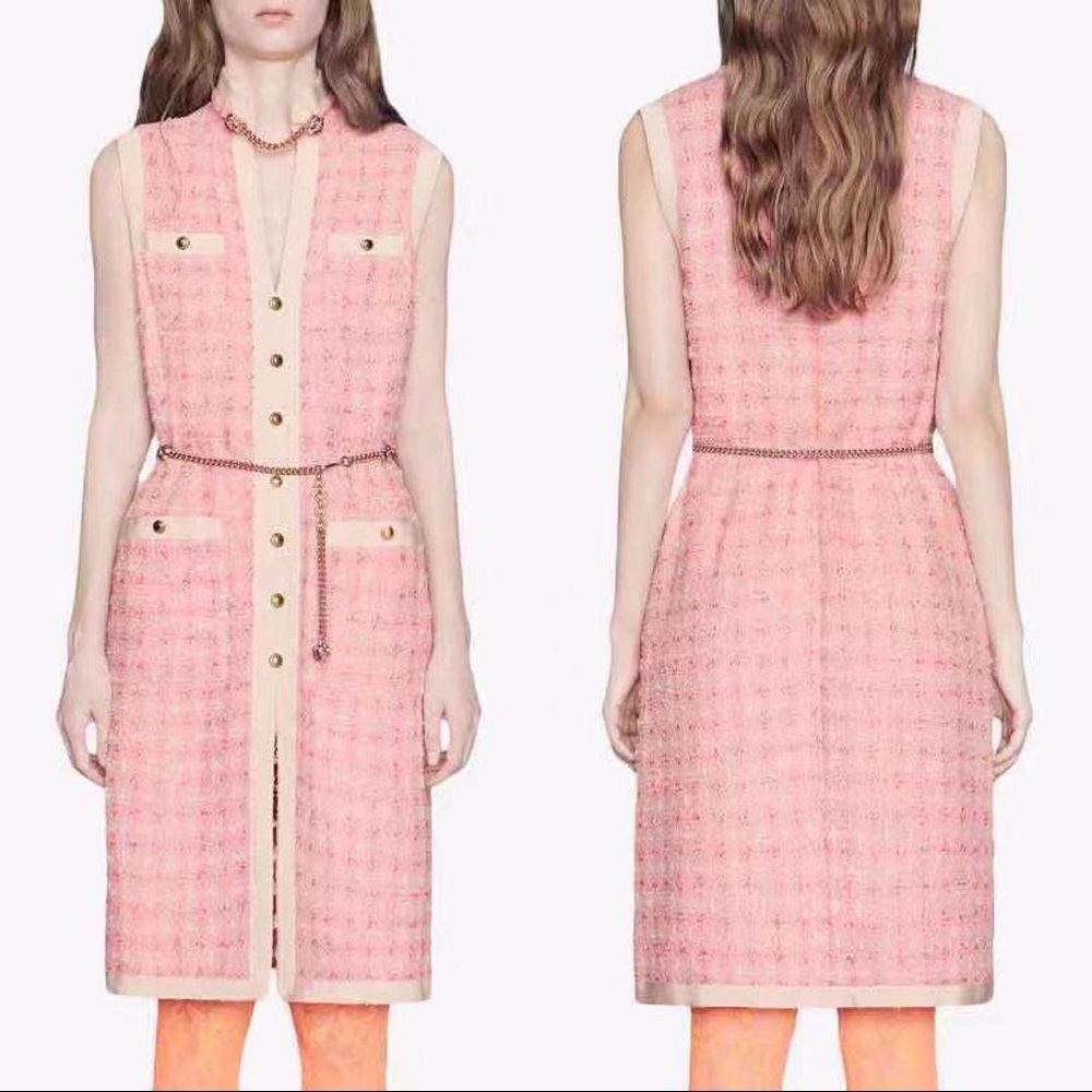Gucci Tweed Sheath Dress Chain Belt Pink Sleeveless Gold Tone Buttons Italy NWT